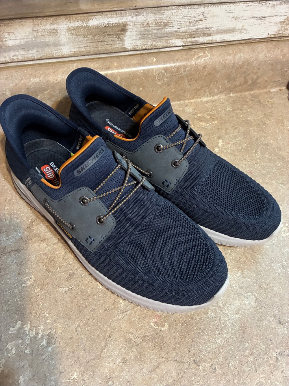 Skechers Men's Size 12 Navy Knit Slip-On Sneakers with Orange Liner - Picture 7 of 11